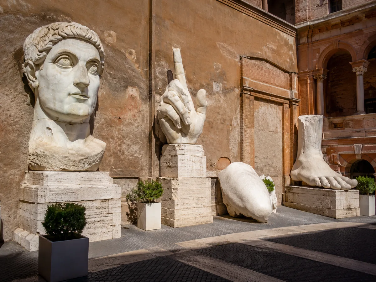 Fragments of the colossal marble Constantine in the courtyard of Palazzo dei Conservatori