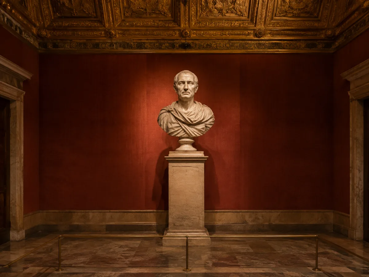 A Roman marble portrait bust on a tall pedestal in a red-walled gallery of the Capitoline Museums