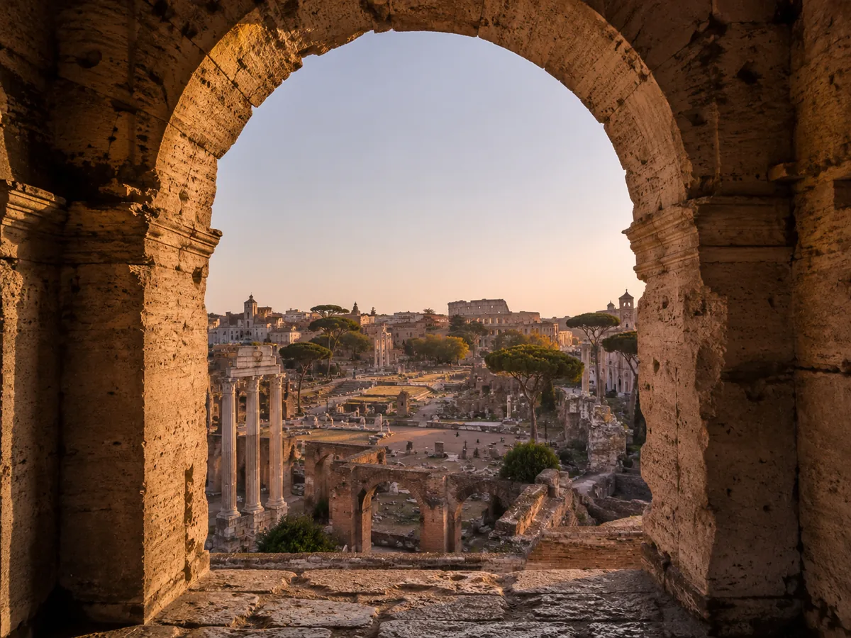 The Tabularium arcade looking along the Roman Forum towards the Colosseum